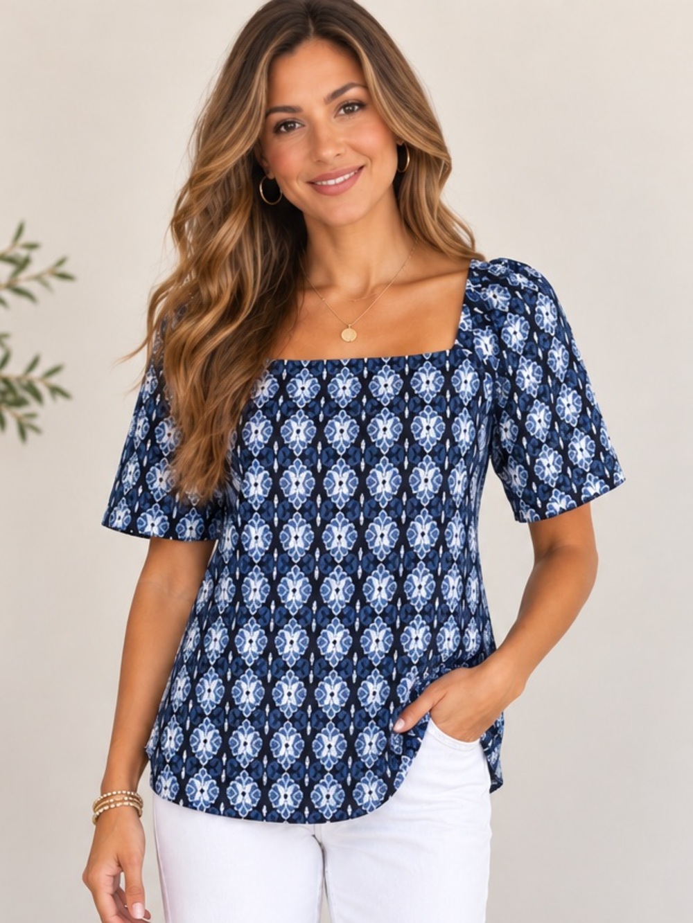 NWT Ann Taylor LOFT Blue Diamond Jacquard Square Neck Top Size M